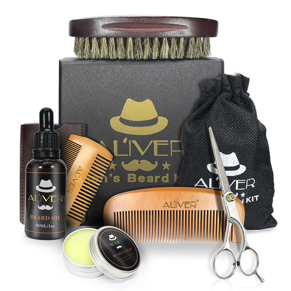 

Men Brush Oil Set Growth Beard Care Kit Styling Shaping Balm Grooming Comb Scissor Trimming 6pcs
