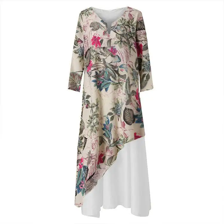 

M-5XL floral print boho dress irregular casual big size women dress loose plus size long maxi dress cotton linen large vestidos