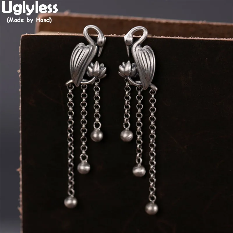 

Uglyless New Design Birds Flamingo Earrings for Women Real Thai Silver 925 Silver Tassels Earrings Retro Ethnic Creative Brincos