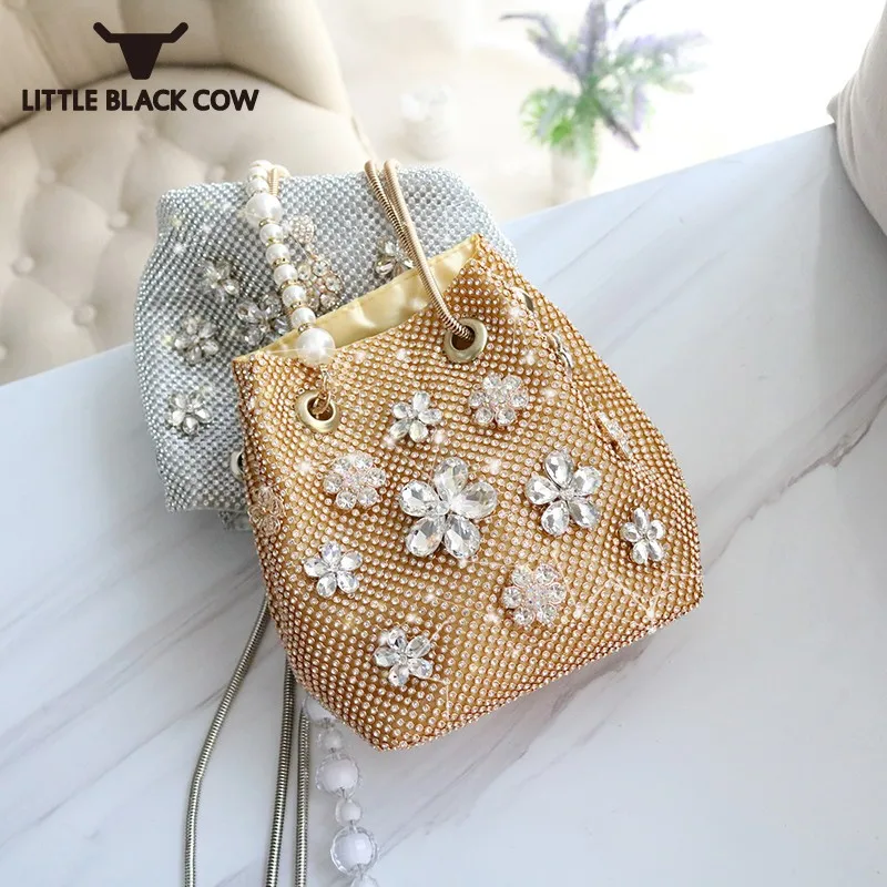 

Fashion Ladies Small Diamonds Bucket Bag Crystal Flowers Beading Evening Bags Women Shiny Mini Chain Slung Shoulder Bag Handbag