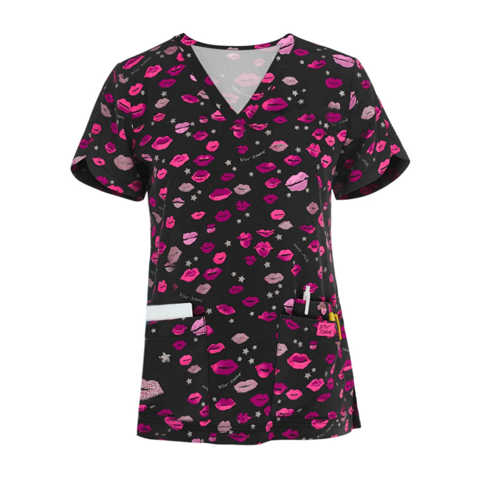

Top Selling Nurse uniform Women Short Sleeve V-neck Scrub Tops Working Uniform Lip Print Blouse nurses uniform Carer Tunic A50