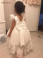 ivory white baby girl birthday party dress big satin bow feather sleeves little princess flower girl dress for wedding