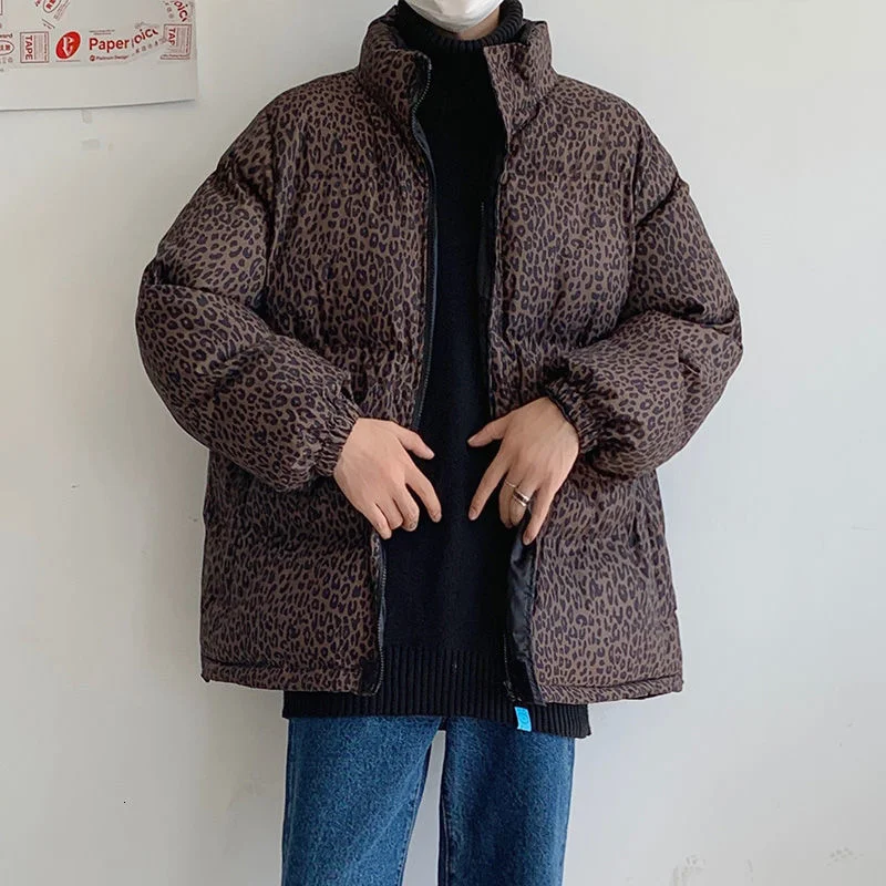 

Мужская стеганая куртка с леопардовым принтом, Теплая стеганая куртка на молнии, с воротником-стойкой, свободного покроя, для зимы, 2022