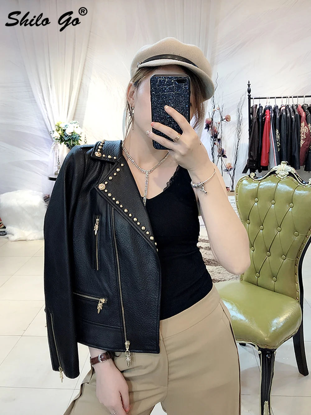 Куртка из натуральной кожи байкерская куртка с заклепками зазубренная горловина