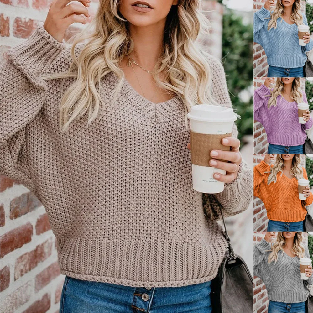 

2022 New Loose Solid Color Knitted V-neck Batwing Sleeve Harajuku Cropped Womens Sweaters Plus Size Knit Pullover Autumn