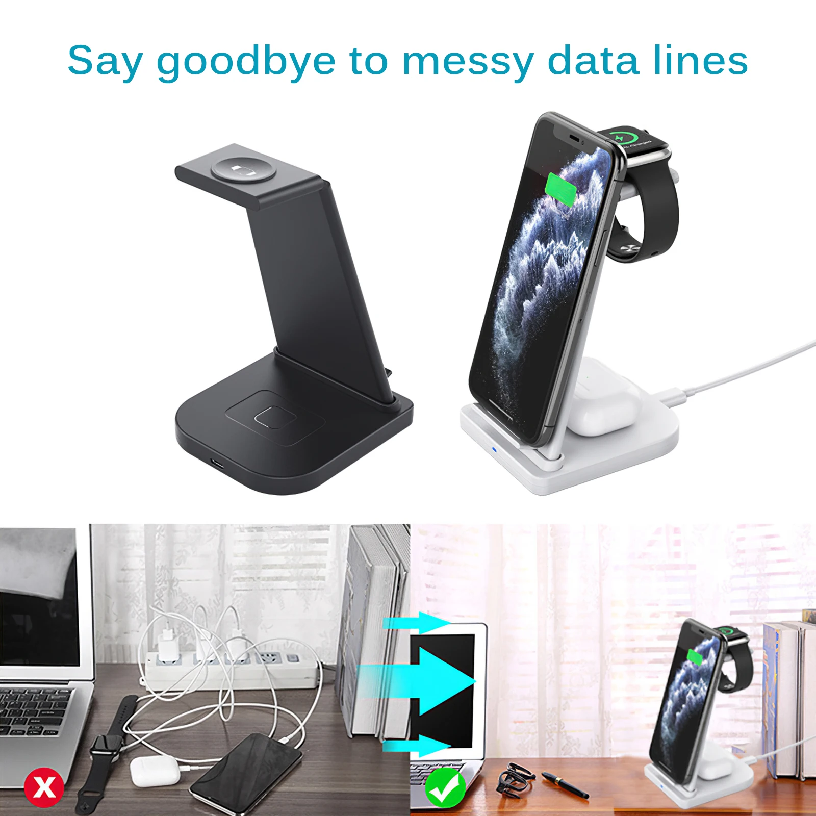 

3-In-1 Desktop Wireless Charger Charger For Android Phone For IPhone For Airpods For Apple Watch Detachable 5W/7.5W/10W/15W