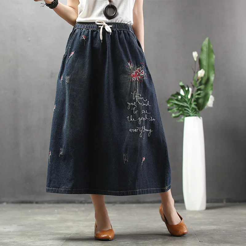 Фото Летняя футболка с вышивкой джинсовая миди юбка для женщин в винтажном стиле