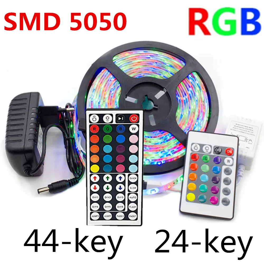 

5m 10m 15m LED strip light SMD 5050 DC 12V RGB lights tape waterproof Party neon 5 meters/roll 60LEDs/m IR 24/44 key control set