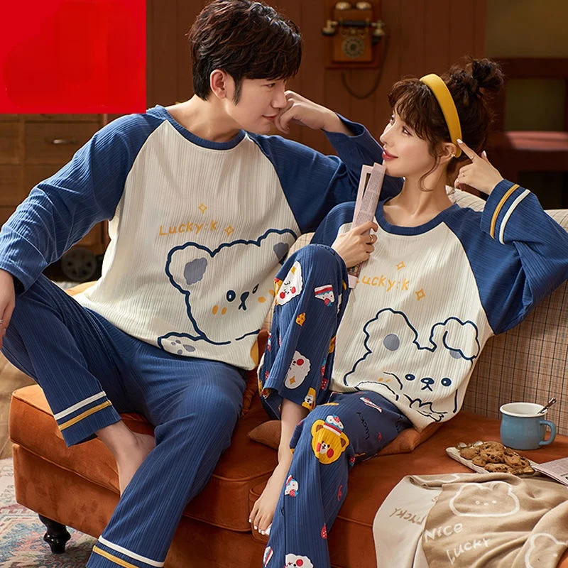 

Sweet Bear Print Cartoon Couple Pajamas Sets Women Winter Long Sleeve Sleepwear Ladies 100% Cotton Plus Size Men Homewear C23