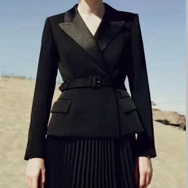 

and 2021 Spring Summer New Trend High-end Black Suit Waist Stitching Chiffon Pleated Dress Women