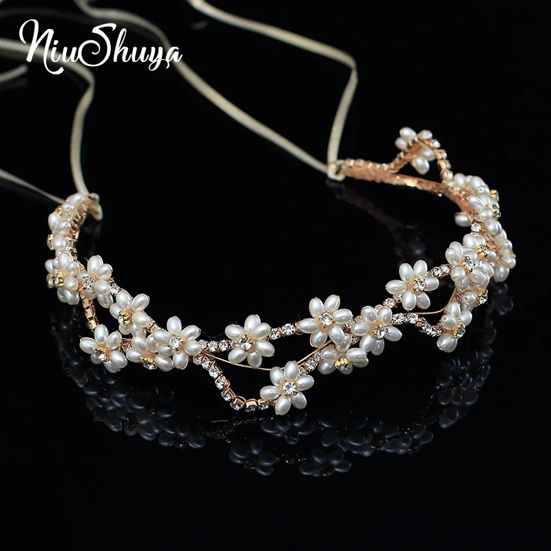 

NiuShuya Elegant Bridal Wedding Hair Accessories Crystal Frshwater Pearl Headband Ribbon Headpiece Hair Jewelry Accessories