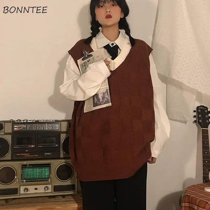 

Sweater Vest Women V-Neck Patchwork Sleeveless Casual Female Clothing New Student All-match Stylish Knitting Autumn Korean Style