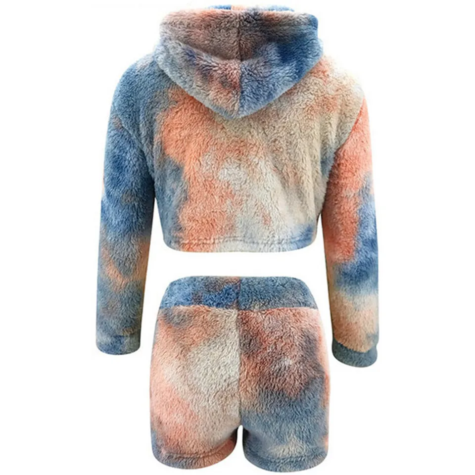

2 Piece Soft Warm Plush Outfits for Women Hooded Decor O-Neck Long Sleeve Leopard Print Short Top+Elastic High Waist Slim Shorts