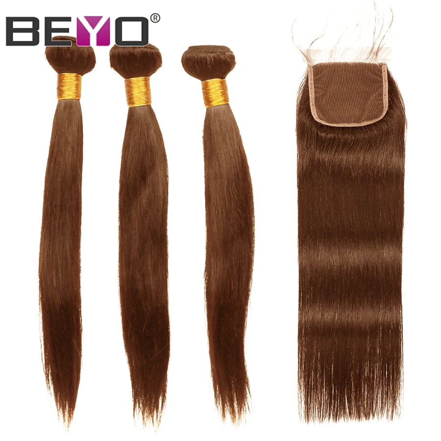 Светлые каштановые прямые волосы пучки с бразильские закрытием переплетения