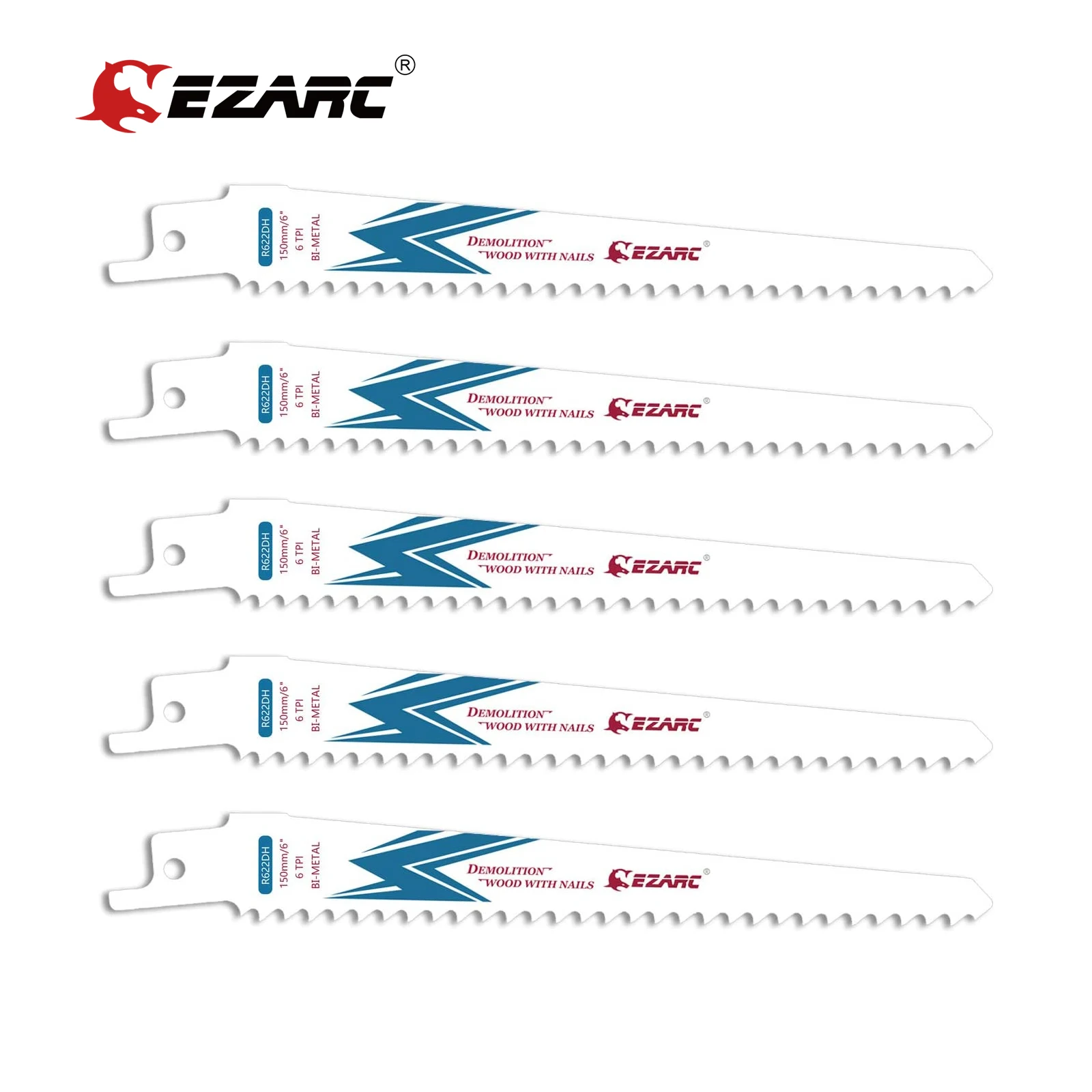 

EZARC 5Pcs Reciprocating Saw Blade Bi-Metal Cobalt Sabre Saw Blades for Wood Demolition 150mm 6-Inch 6TPI R622DH (5-Pack)