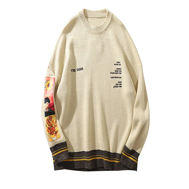 Japanese and Korean hip-hop style sweatshirt men's drawing embroidery knit pullover casual casual pullover