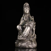 9chinese folk collection old bronze gilt silver lotus leaf guanyin bodhisattva statue sitting buddha office ornaments town hous