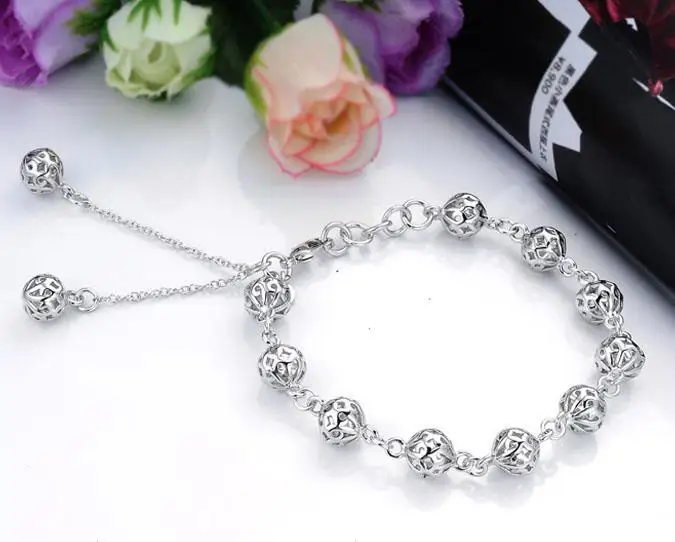 Браслет-цепочка женский из серебра 925 пробы с полым шариком | Украшения и