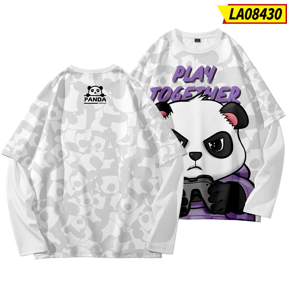

Футболка мужская с принтом панды, белая рубашка с длинным рукавом, Свободный Топ из двух предметов, уличная одежда в стиле хип-хоп, Харадзюку...