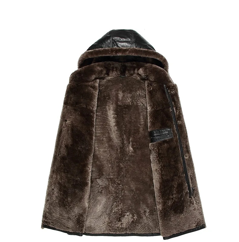 

Winter Shearling Fur Long Men's Genuine Jacket Men Hooded Thickened Sheepskin Leather Warm Coat