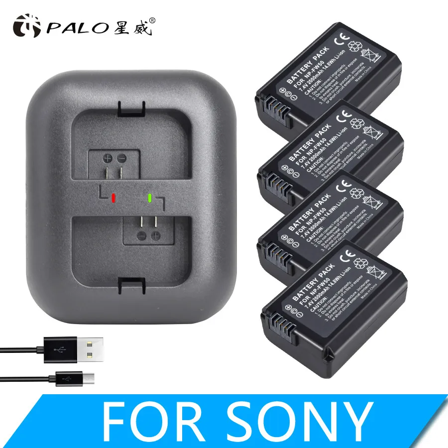 4 battery 1 charger PALO 4 шт. 2000 мАч NP-FW50 батарея для цифровой камеры+ USB двойное зарядное устройство FW50 AKKU для sony a6500/6300 A7SM2 RX10 II NEX-3/3N/5C/5 T - Цвет: 4 battery 1 charger