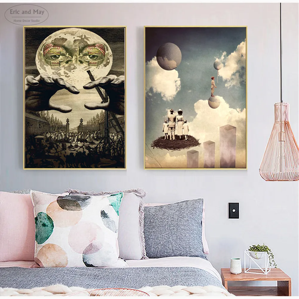Психоделический художественный коллаж Луна сурреал плакаты и принты настенные