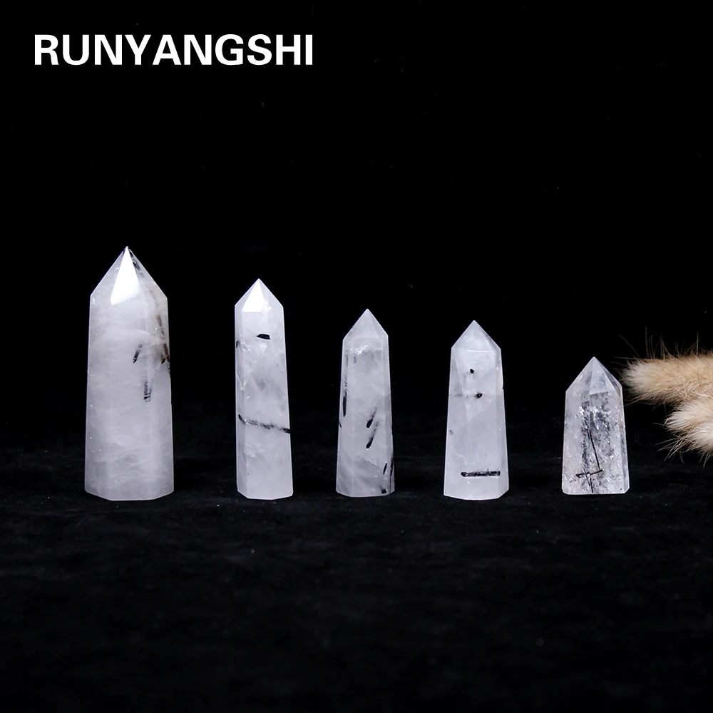 

Runyangshi 1pc Natural single point Black hair quartz crystal hexagonal prism Tourmaline crystal column Energy stone