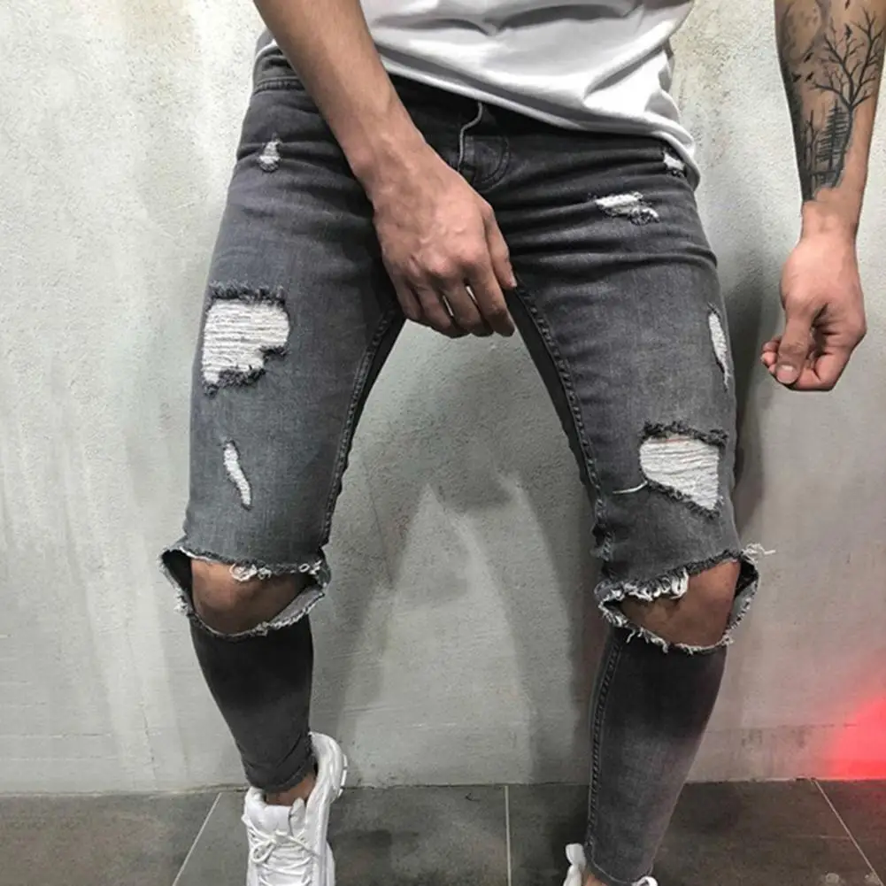 Джинсы мужские хлопковые винтажные штаны с дырками для мальчиков стильные брюки