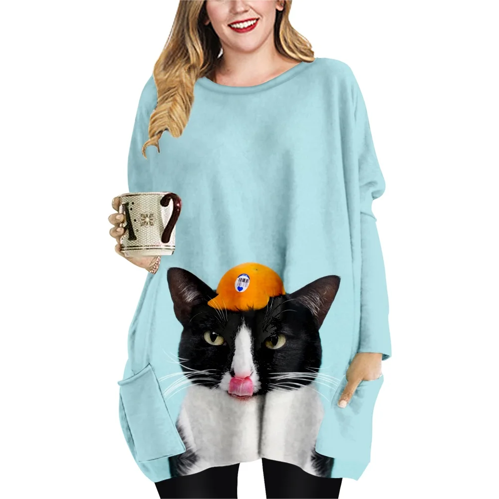 

Женское платье с принтом кошки, круглым вырезом и длинным рукавом