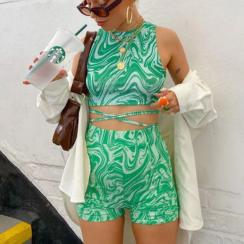 

Y2K Tracksuit Two Piece Set Women 2021 Autumn Green Knitted Crop Tops And High Waist Shorts Casual 2pcs Matching Suits Yuqung
