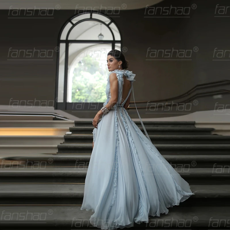 Fanshao небесно голубого цвета хаки цветов длинное шифоновое вечернее платье платья