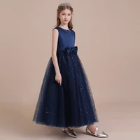 navy satin tulle long formal party gowns for kids girl glitter flower girl dresses princess birthday party gown junior children