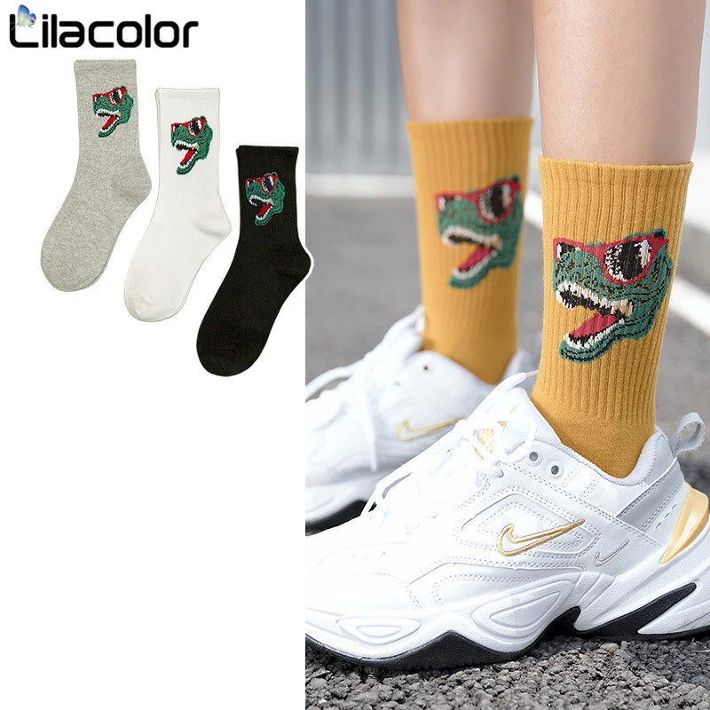 Хлопковые носки женские с принтом динозавра осень зима смешные Харадзюку
