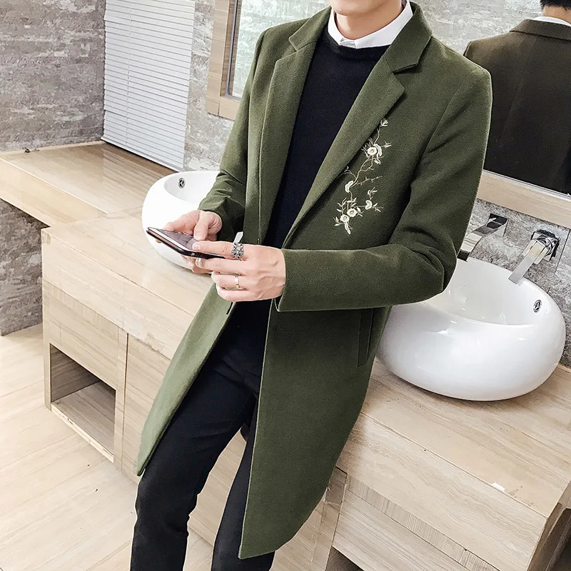

men's winter High-end lapel windbreaker jacket, stylish slim long embroidered woolen coat coat tide 4XL 5XL