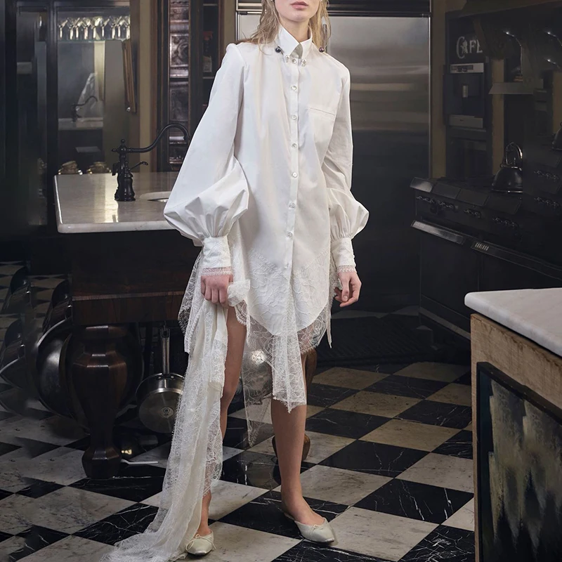 TWOTWINSTYLE кружевное лоскутное женское платье воротник с отворотами фонарь рукав