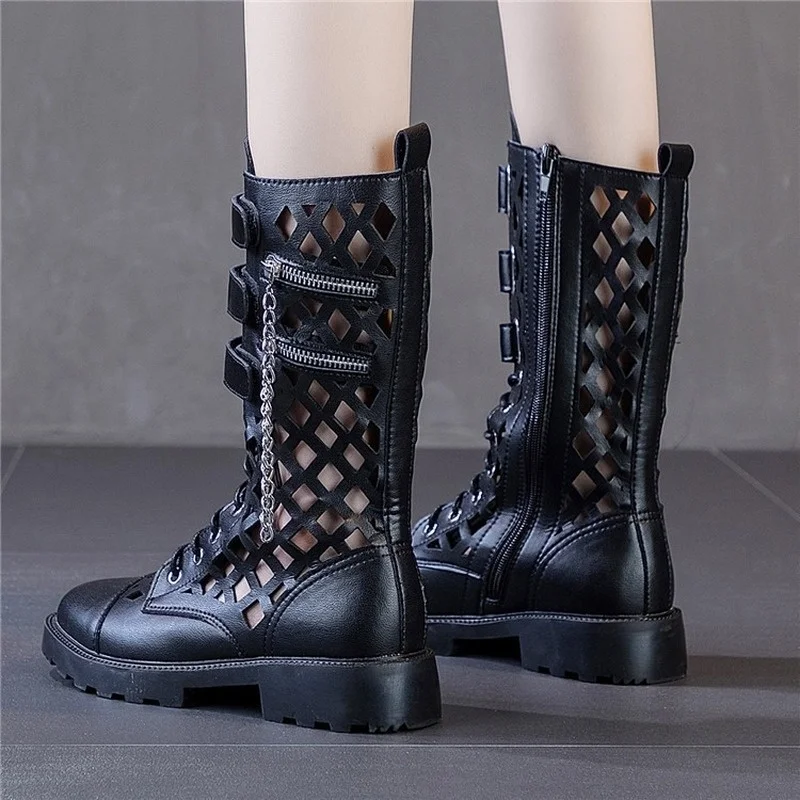 

New 2021 Fashion Cow Leather Hollow Out Summer Boots Women Metal Chain Round Toe Platform Shoes Woman Punk Motorcycle Botas