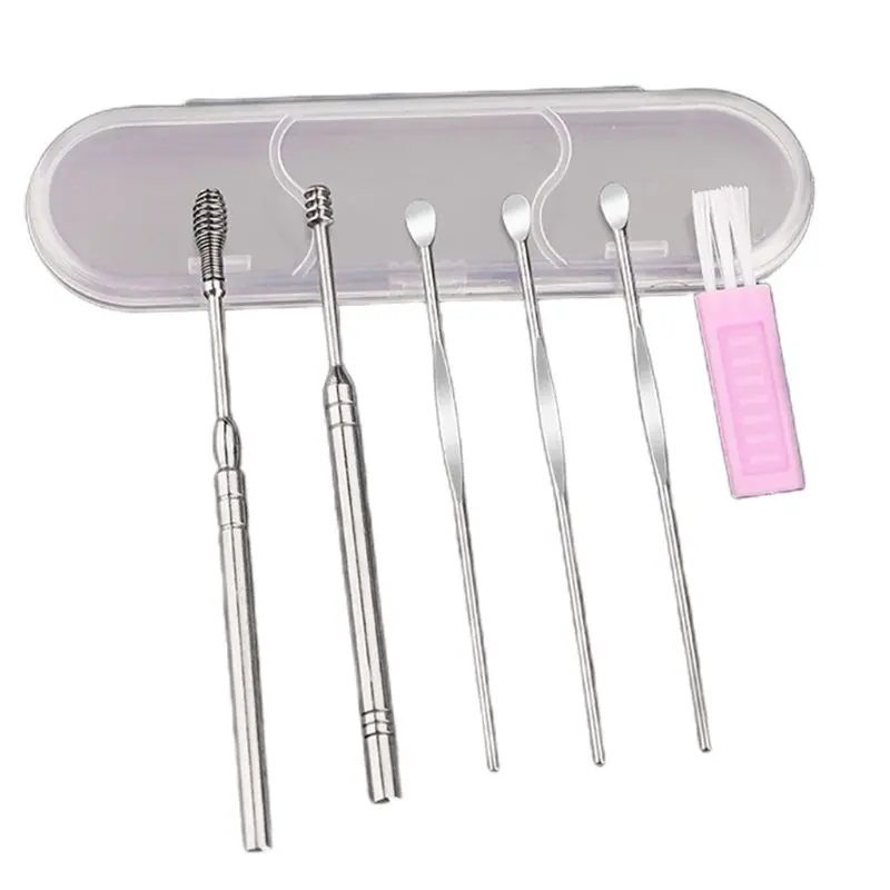 

6Pcs/Set Stainless Steel Ear Wax Removal Tools Kit Hygiene Care Spiral Spring Curette Earpick Cleaning Spoons with Brush Storage