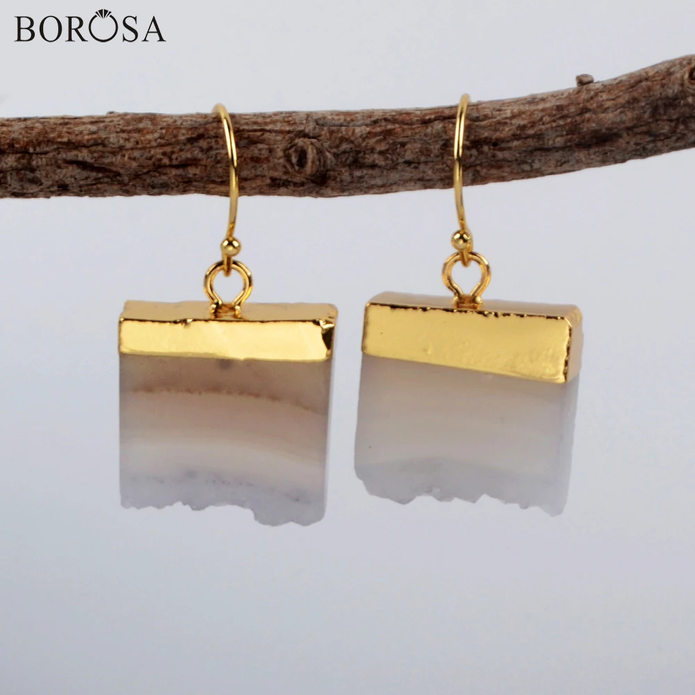 

BOROSA 1 пара трендов натуральный кулон Agates Druzy, висячие серьги золотого цвета, натуральный срез, серьги-подвески Geode, ювелирные изделия для дево...