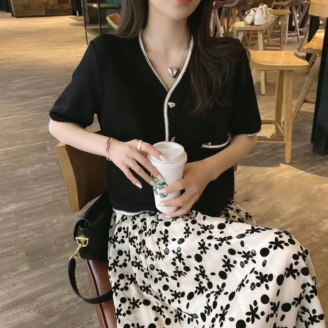 

Vintage Dress Sets Women Outfits Fashion Knitwear Tops Floral Empire Elastic Waist Ladies OL Simple Modern Tender 2pcs Casual