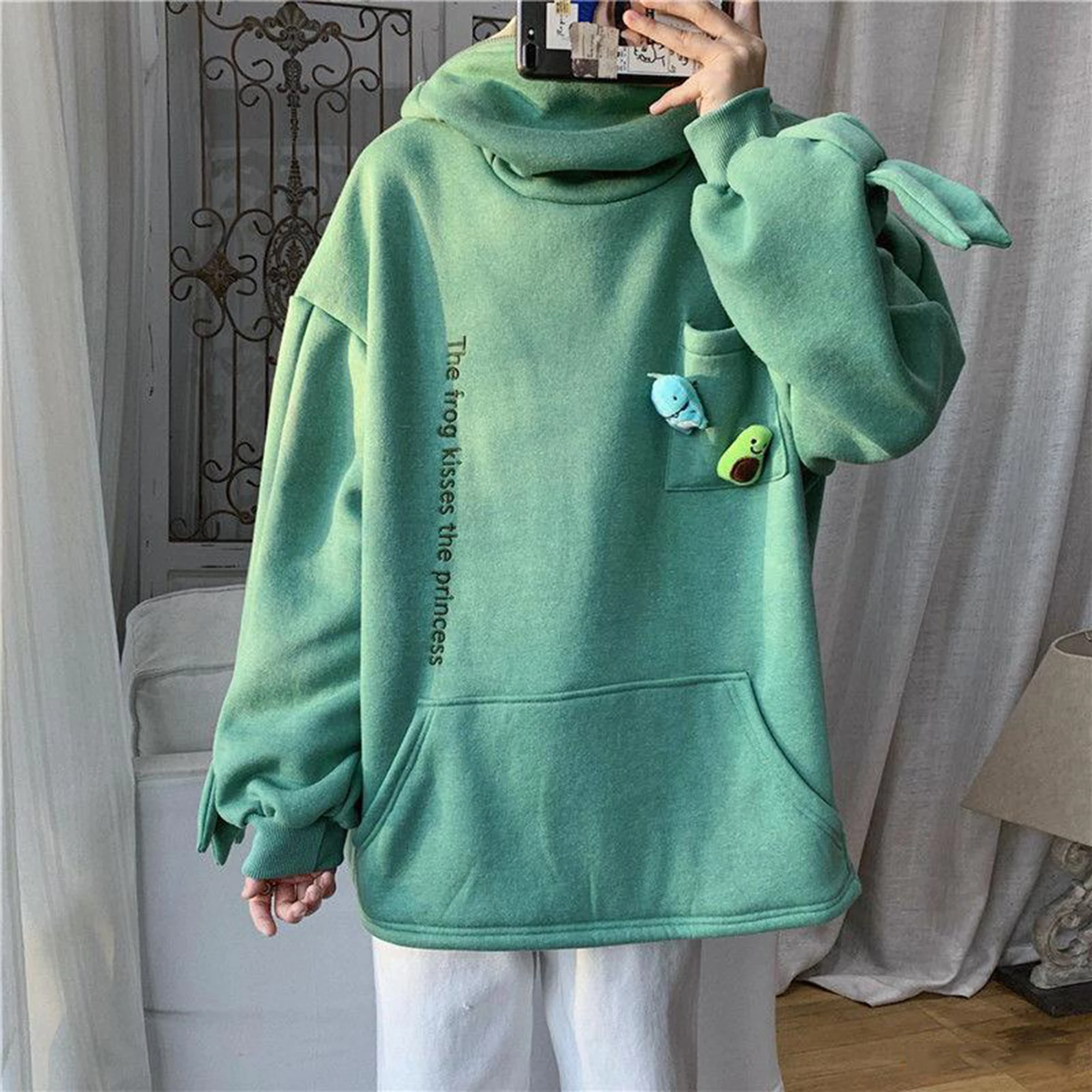 

Autumn Girls Thick Loose Sweatshirt Harajuku Letters Printed Cute Design Frog Leisure Hoodies Pullover Plus Size Coat Streetwear