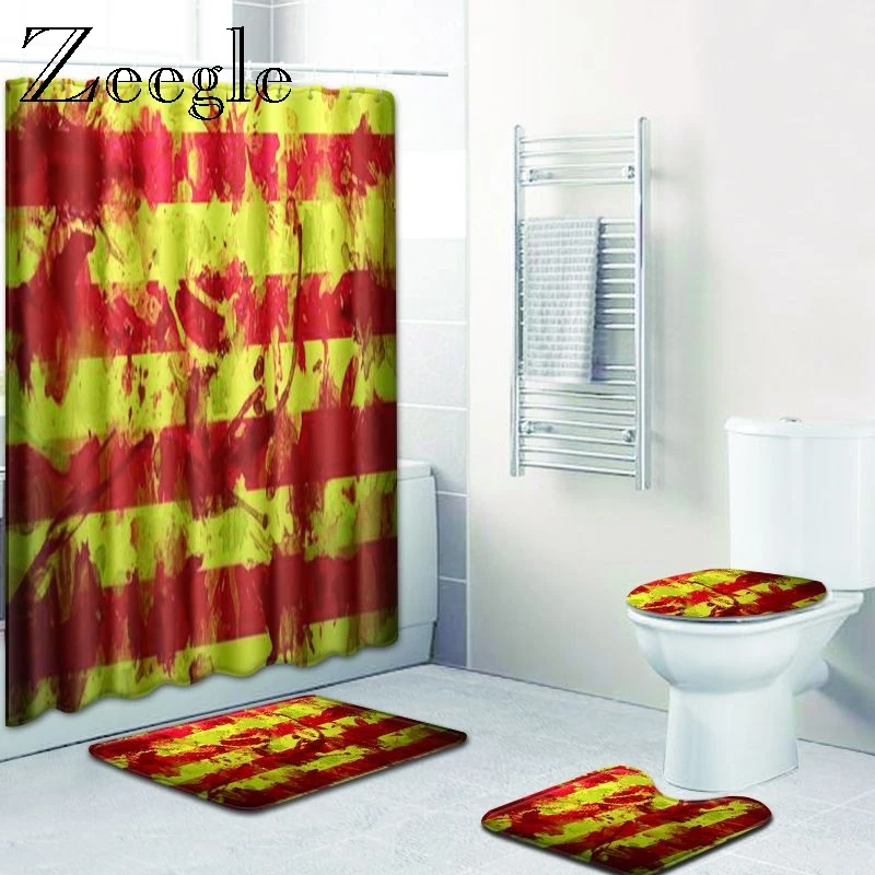 

Zeegle Bath Curtain Set 4PCS Toilet Mat Set Waterproof Shower Curtain Pedestal Rug Microfiber Bathroom Soft Foot Carpet Doormat