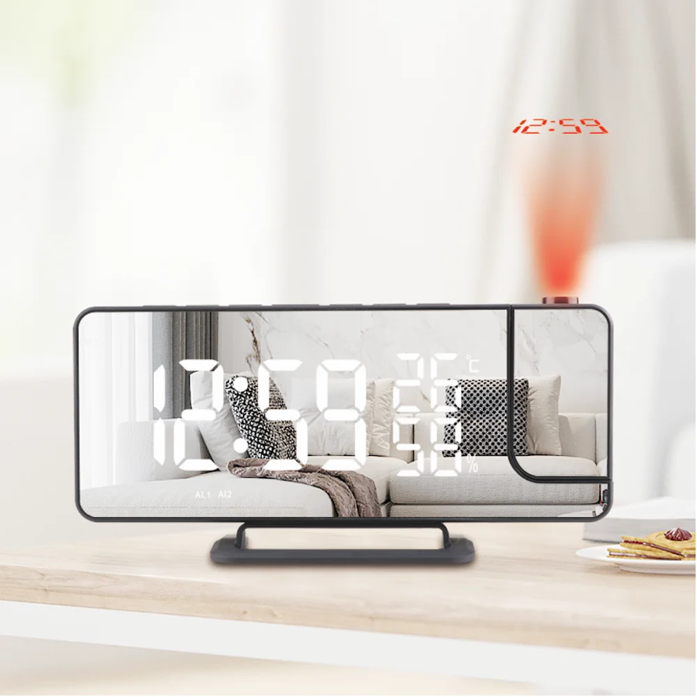 

Projection Digital Dual Alarm Clocks with Temperature Humidity Snooze Function Mirror LED Table Desktop Electronic Time Clock