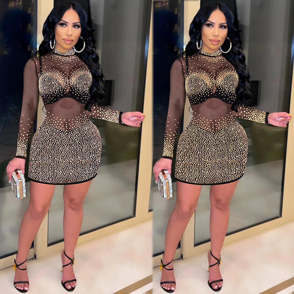 

Elegant S 3XL Diamonds Sheer Mesh Mini Dress Women Sexy Mock Neck Long Sleeve Sheath Clubwear Party Vestidos Drop Ship Wholesale