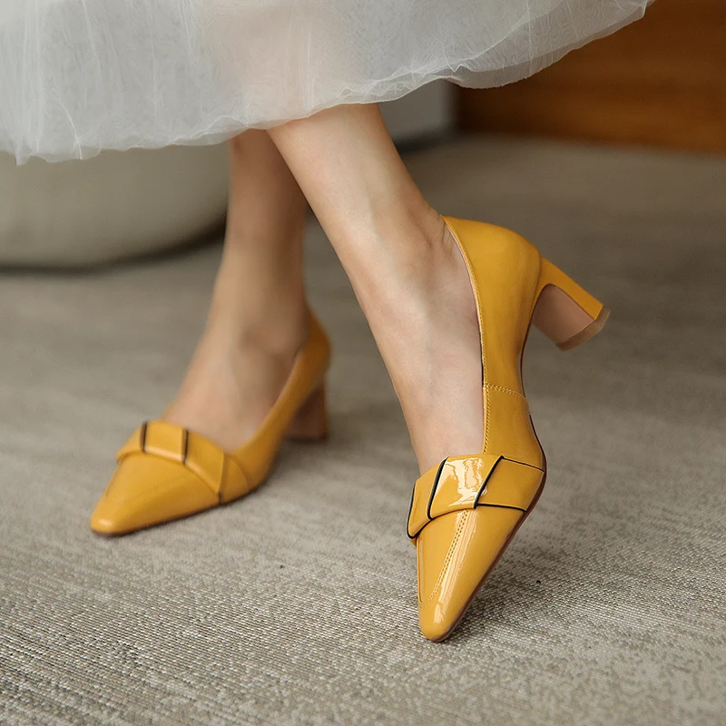 

MORAZORA 2021 Women Pumps Genuine Leather High Heels Ladies Shoes Summer Shallow Solid Color Party Wedding Shoes Yellow