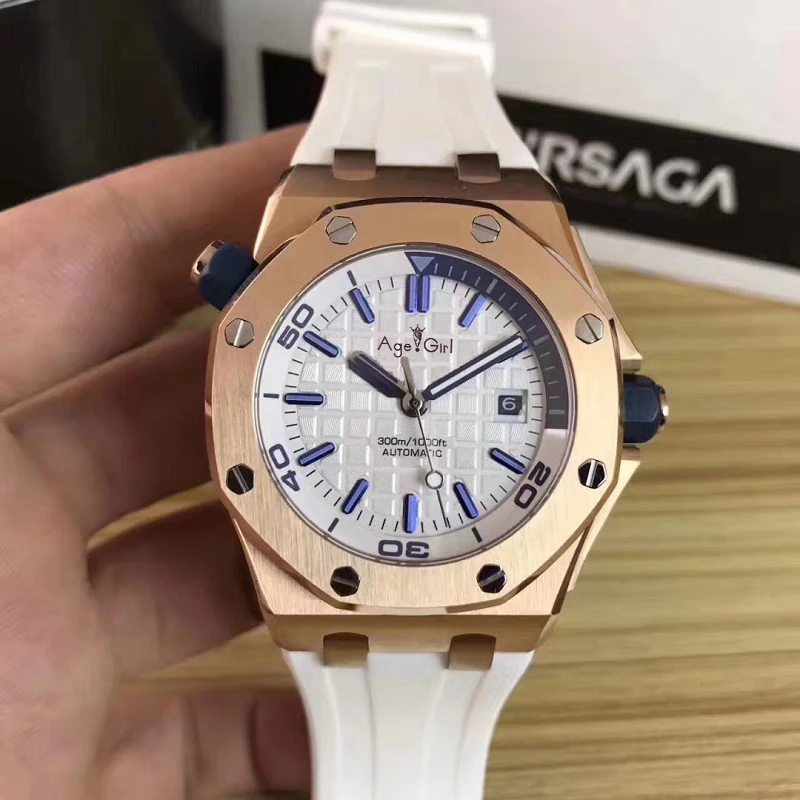 

Famous New Men Stainless Steel Automatic Mechanical Diver Sapphire Watch Black Blue Rubber Rose Gold Royal Oaks Glass Back