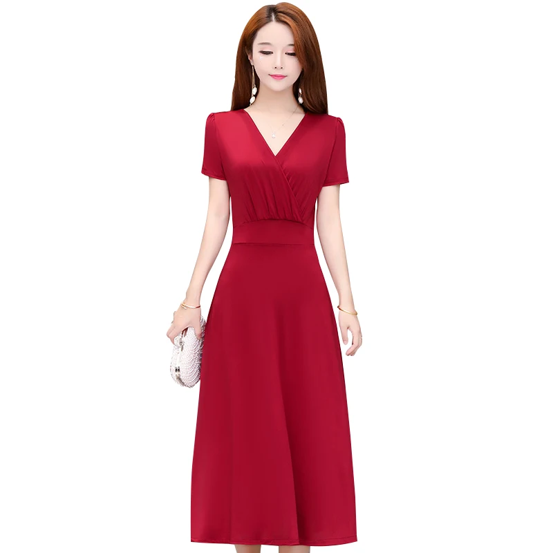 

new Women Vintage Dress Short Sleeve V-neck Summer Vestidos Women's Elegant Printing Mid-Calf Casual Dresses Female