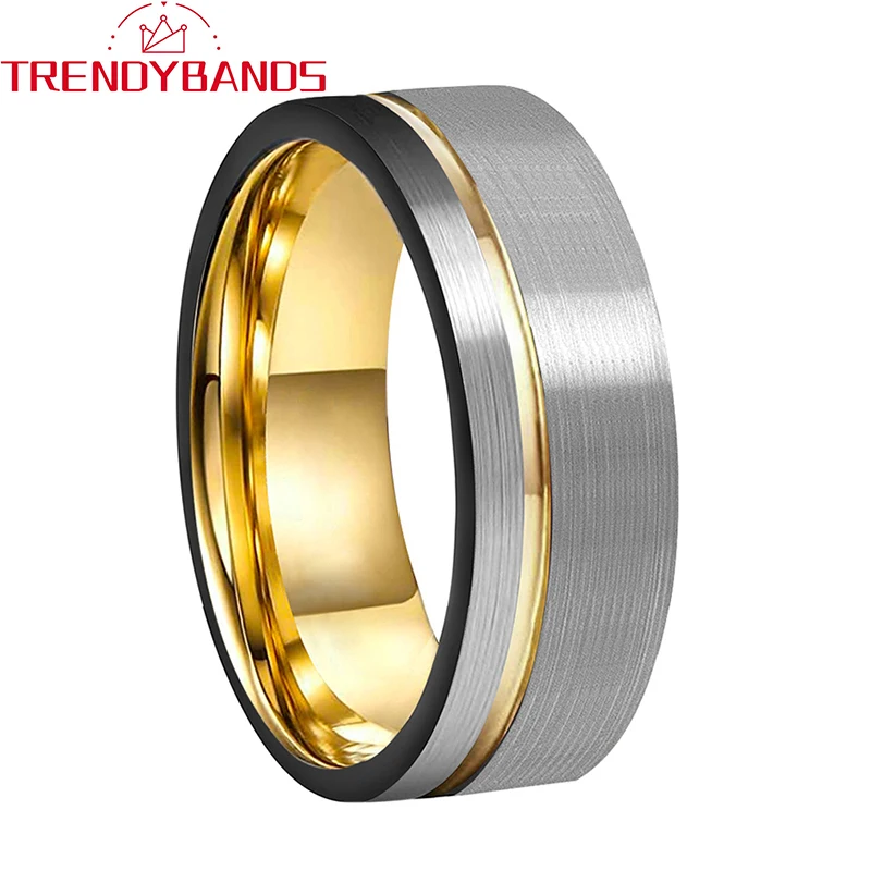 

8mm Gold Wedding Band Tungsten Carbide Jewelry Ring With Black Sides And Offset Grooved Comfort Fit Brushed Finish