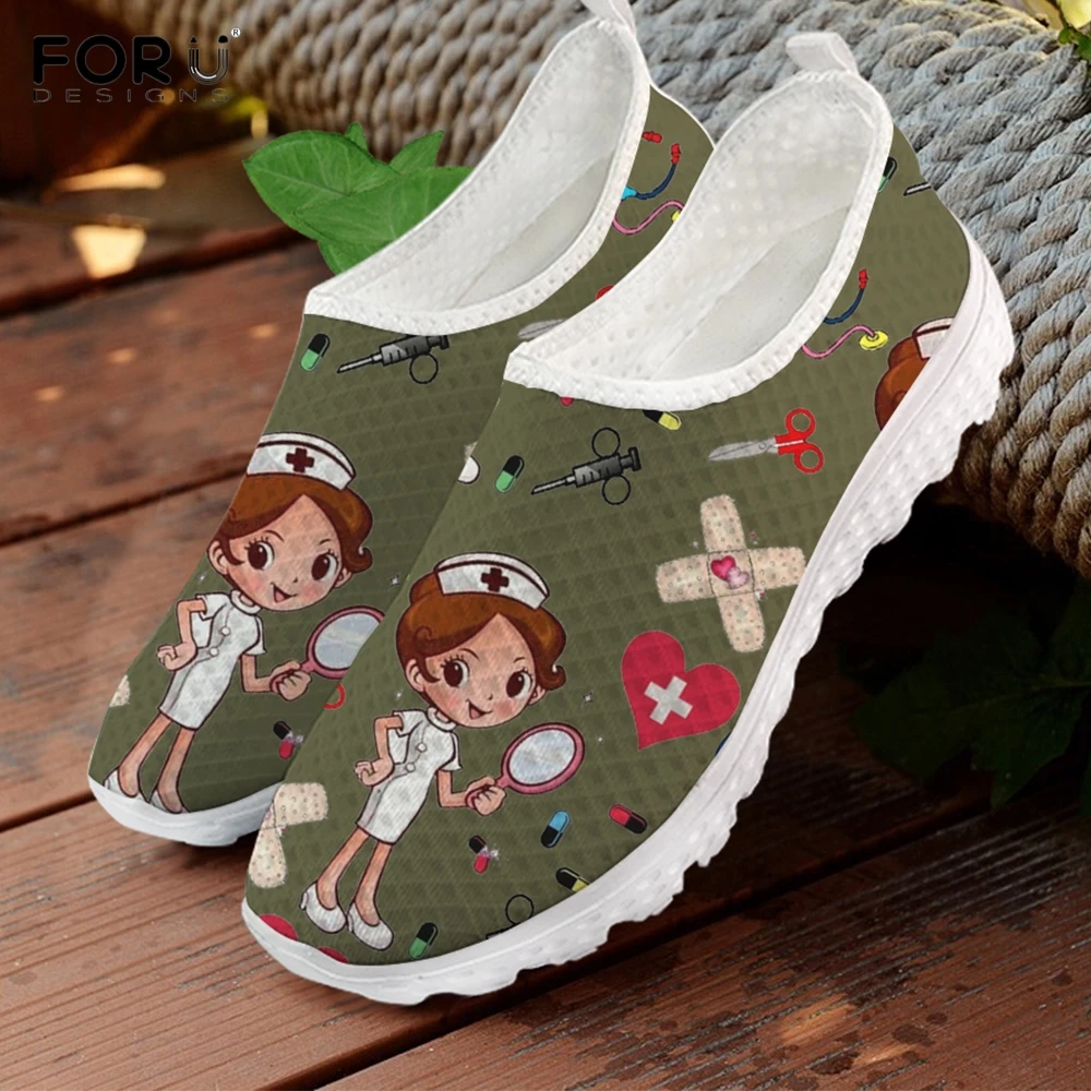 

FORUDESIGNS Cute Kawaii Cartoon Nurse Doctor Prints Women's Air Mesh Flats Girls Light Weight Durable Casual Shoes Zapatos Mujer