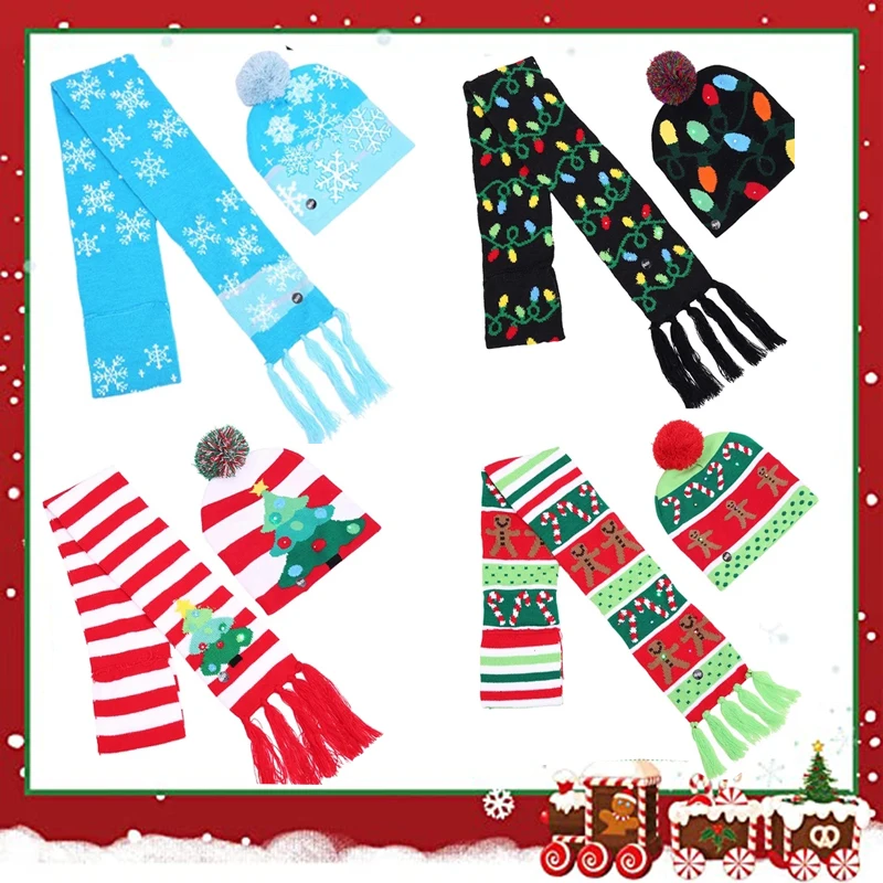 

Рождественская шапка со светодиодсветильник кой, шапка, Санта-Клаус, снеговик, лось, шарф для детей, взрослых, рождественское, новогоднее, Ро...
