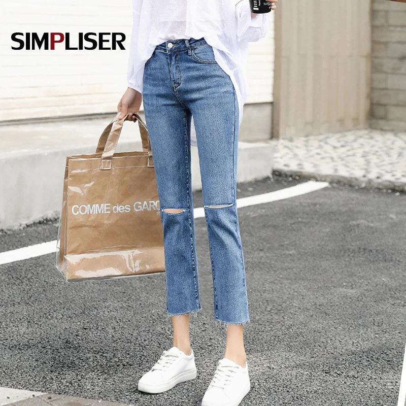 Рваные джинсы женские брюки-Капри до щиколотки эластичные синие черные серые